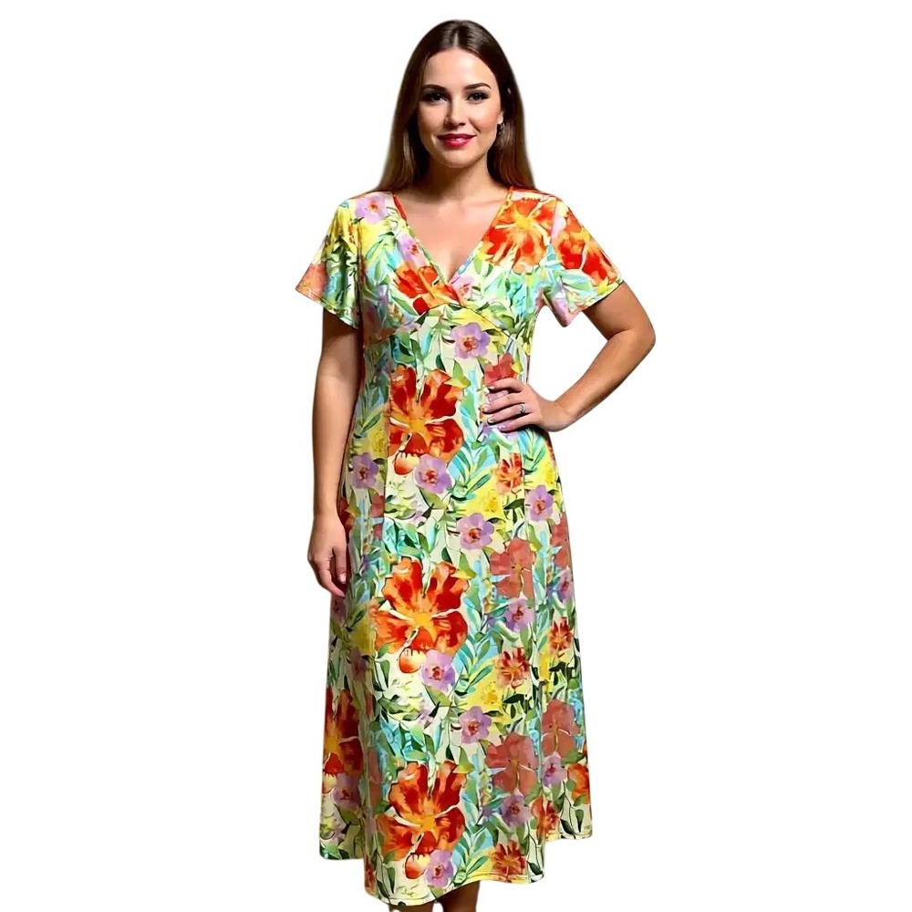 The Paragon Women's‎ Floral Print V Neck Midi Dress Short Sleeve Sm